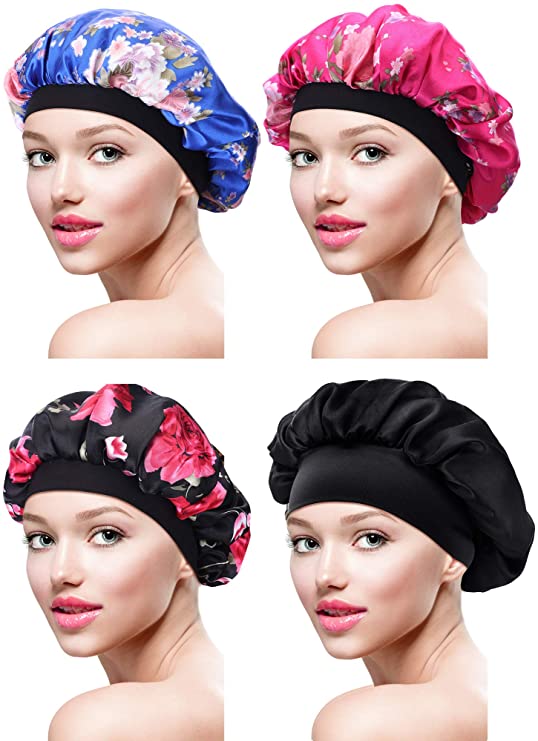 4 Pieces Satin Bonnet Sleeping Cap Soft Night Bonnet Head Cover for Women Girls (Black, Black Flower Printed, Rose Red Flower Printed, Blue Flower Printed)