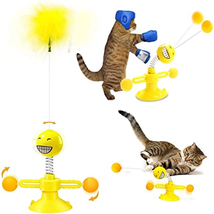 WeChip Cat Toys for Indoor Cats,Windmill Interactive Cat Toy with Turntable Teasing Feather Stick Suction Cup Base Funny Kitten Feather Ball Toys for Cats Cradle String Game