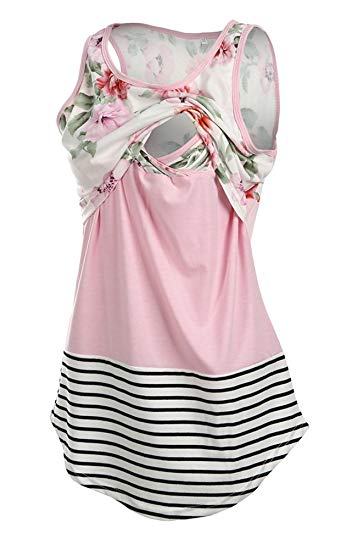 Pinleck Women Breastfeeding Nursing Tops Striped Floral Lace Stitching Tank Top Dress Vest T-Shirt