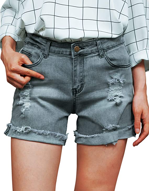 roswear Women’s Ripped Rolled Cuff Mid Rise Stretchy Denim Jeans Shorts