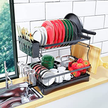 Golden Bell 2 tier Large Capacity Dish Drying Rack Cutlery Drainer with Draining Board for Kitchen (Black)