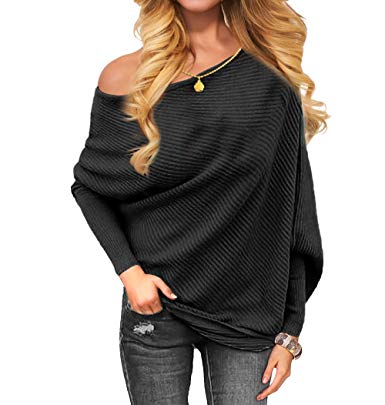 VOIANLIMO Women's Off Shoulder Knit Jumper Long Sleeve Pullover Baggy Solid Sweater