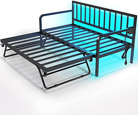 Rolanstar Daybed with Charging Station and LED Lights, Height Adjustable Twin Daybed with Trundle, Metal Sofa Bed Frame with Steel Slat Support for Living Room, Bedroom and Guest Room, Black