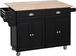 HOMCOM Rolling Kitchen Island with Drop Leaf, Solid Wood Top Breakfast Nook, Kitchen Cart on Wheels with Drawers, Cabinets and Adjustable Shelves (Black)