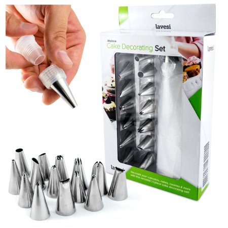 Lavesi 28-Piece Cake Decorating Set - Kit Includes 15 Popular Stainless Steel Tips - 1 Coupler -12 Piping Bags - Supplies for Crafting Fancy Icing Decorations on Pastries, Cupcakes, Cookies & Biscuits