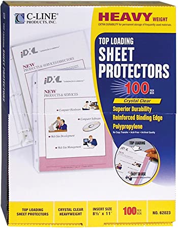C-Line Top Loading Heavyweight Poly Sheet Protectors, Clear, 8.5 x 11 Inches, 100 per Box (62023)