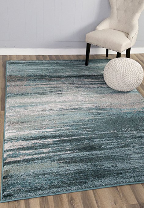 Teal & Gray Rug Modern/Contemporary Design 9' 6" X 13' 2" Soft Striped 10 x 13 Carpet for Living Room / Bedroom