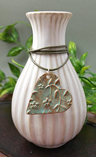 Essential Oil Diffuser Necklace Aromatherapy Perfume Ceramic Clay Artist Heart Pendant in Antique Sea Green Flower Vine on a Olive Green Waxed Cotton Necklace