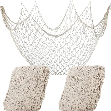 2 Pieces Fish Net Decorative 80 x 40 inch, Wall Hanging Fishnet for Mermaid, Pirate, Nautical, Under The Sea Party Decorations, Ocean Themed Hawaii Beach Party Supplies (Beige)