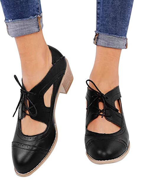 Athlefit Women's Cut Out Ankle Boots Breathable Vintage Oxford Block Heel Pumps