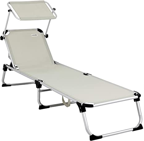 Casaria Folding Sun Lounger Heavy Duty Extra Long Bed Deck Chair Outdoor Garden Beach Camping Recliner Reclining (Cream)