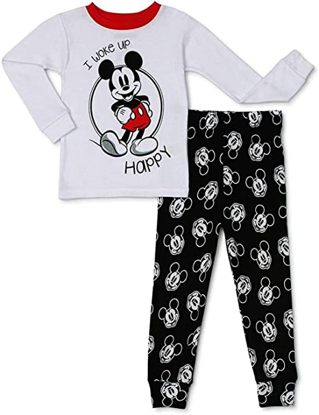 Mickey Mouse Toddler Boys I woke up Happy Snug Fit Cotton Long Sleeve Pajamas, 2-Piece PJ Set