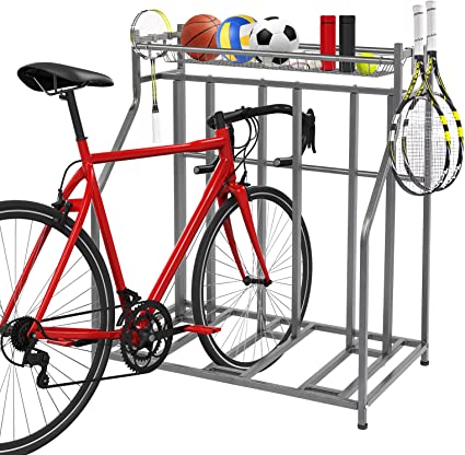 PEXMOR Bike Rack Floor Parking Stand for 3 Bikes, Bike Garage Stand Rack with Storage Baskets & Hooks, Freestanding Bike Rack for Mountain/Road/Hybrid Adult or Kids Bike