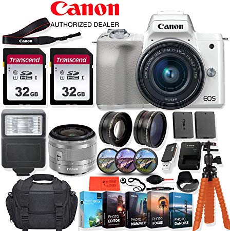 Canon EOS M50 Mirrorless Digital Camera (White) with 15-45mm Lens - 24.1 MegaPixels, Wi-Fi, 4K HD   Accessory Kit - Vlogging/Photo Editing Software Package, 64GB Memory & More