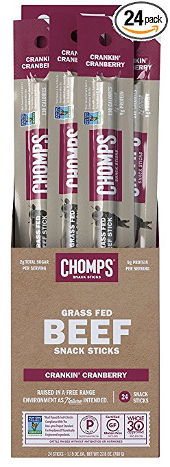 CHOMPS Crankin' Cranberry Grass-Fed Beef Snack Sticks, Whole30, 1.15 Ounce (Pack of 24)