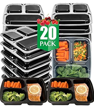 Vivaware [20 Pack] 3 Compartment Meal Prep Containers with Lids - Food Storage Bento Box - BPA Free - Stackable - Reusable Lunch Boxes - Microwave , Dishwasher , Freezer Safe - Portion Control