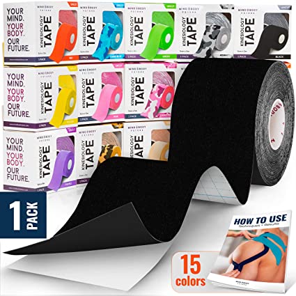 Kinesiology Tape - Black (1 Pack) - Medical Grade Uncut 5cm x 5m Roll - Ideal for Athletic Sports Physio Strapping and Muscle Injury & Support - Includes eGuide