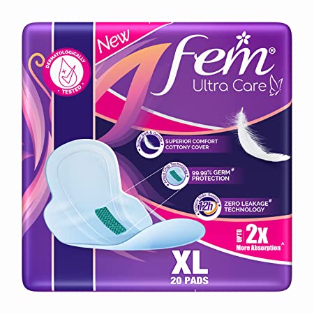 Fem Ultra Care Sanitary Pads for Women - XL (Pack of 20) with wings| 2X higher absorption technology | Zero leakage up to 12 hours | Dermatologically tested |99.99% germ protection