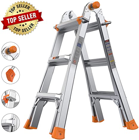 TACKLIFE 13 Foot Telescoping Ladder, Safe Protective Switch, Non-Slip Rubber Feet, 300lb Capacity Extension Multi Use Ladder