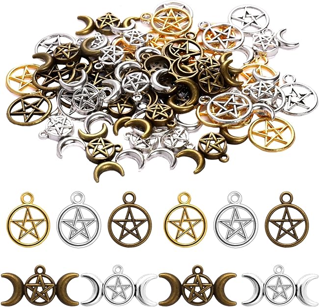 Alloy Pentagram Crescent Moon Charms 50PCS Pentacle Star Charms Pendant Lucky Witch Pendants Celestial Charms Mixed Moon Star Charms for DIY Earrings Necklace Bracelet Jewelry Craft Making Accessory