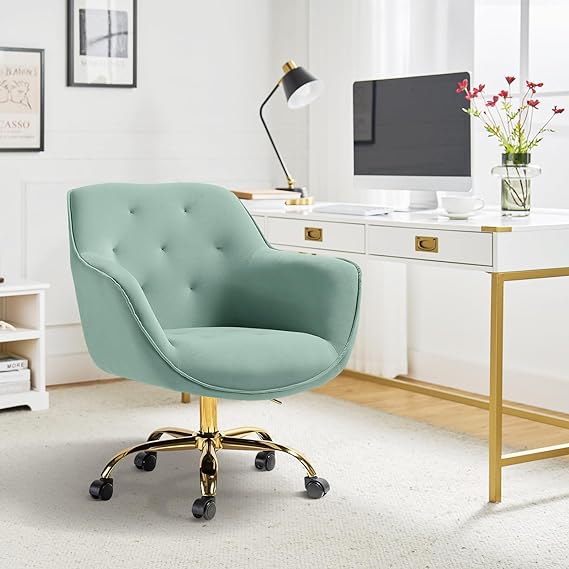 HULALA HOME Velvet Office Chair with Gold Base, Modern Cute Mid-Back Desk Chair, Adjustable Swivel Task Chair for Living Room, Bedroom, Study, Vanity, Sage