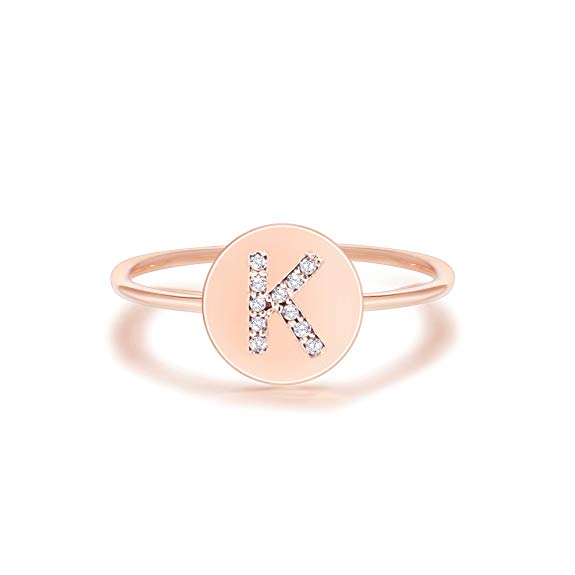 PAVOI 14K Rose Gold Plated Alphabet Disc Initial Ring Stackable Adjustable Size 5-9