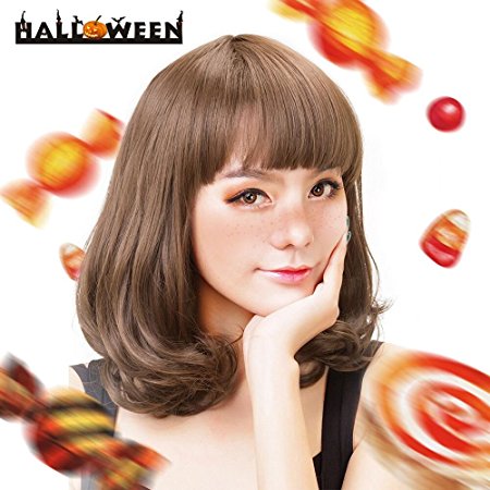 Rabbitgoo Halloween Medium Wig Hair Light Brown Wigs With Bang Curly Bob Wigs