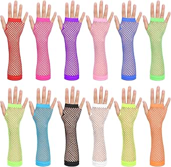 12 Pairs Fingerless Fishnet Neon Gloves Long Fishnet Gloves Fishnet Mesh Fingerless Gloves 80s 90s Party Cosplay Costume Accessories Supplies for Women and Girls