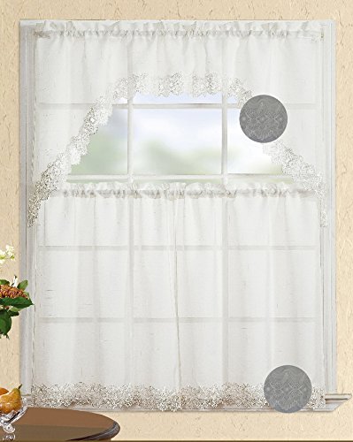 Fancy Collection 3pc White with Decoration Kitchen/cafe Curtain Tier and Swag Set by Fancy Linen