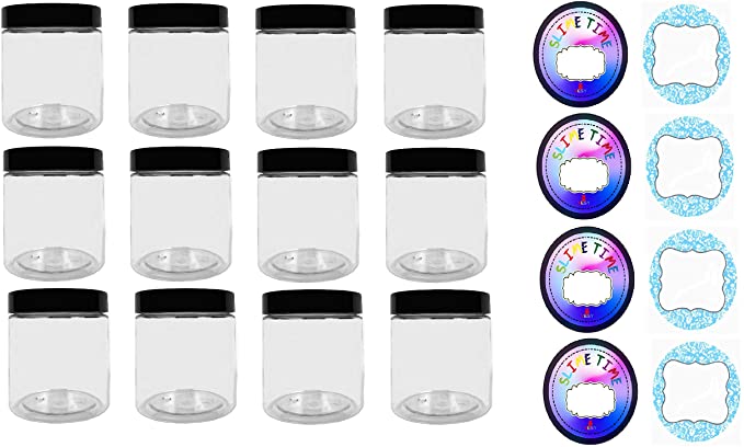 Slime Storage Container Jars with Lids – 12 Pack – 8.5 oz. Clear Slime Craft Jars with Lids and 2 Sets of Labels. Empty Leak Proof Slime and Craft Storage Jars, BPA Free