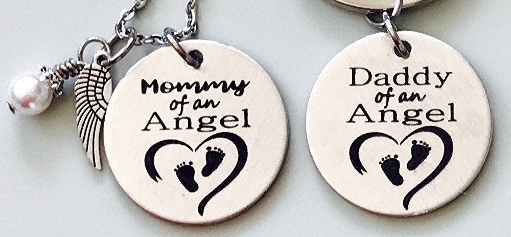 Mommy and Daddy of an Angel Engraved Memorial Necklace with Simulated Pearl and Keychain set by Dots of Sugar