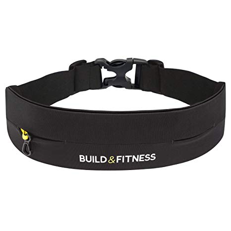 Build & Fitness Running Belt, Adjustable Waist, Comfortable, Slim, Key Clip - Fits Fuel Gel, iPhone 6,7,8plus,X, Samsung S7,S8,S9 - for Men, Women, Runners, Jogging, Gym, Yoga, Workout