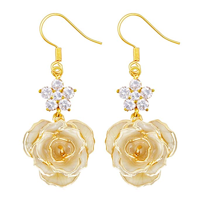 DeFaith Real Rose Earrings 24K Gold Dipped - Best Gift for Her Valentines Day Anniversary Birthday