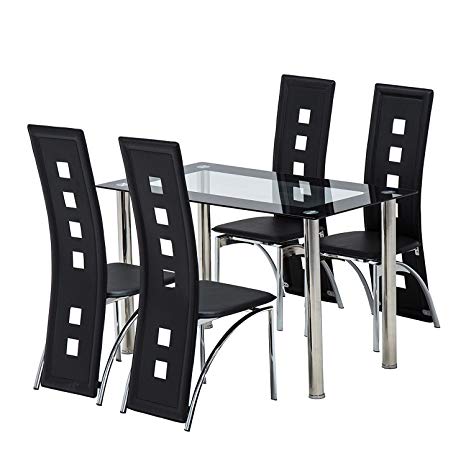 Mecor 5 Piece Dining Table Set/Glass Top Table and 4 Leather Chairs Kitchen Furniture Black