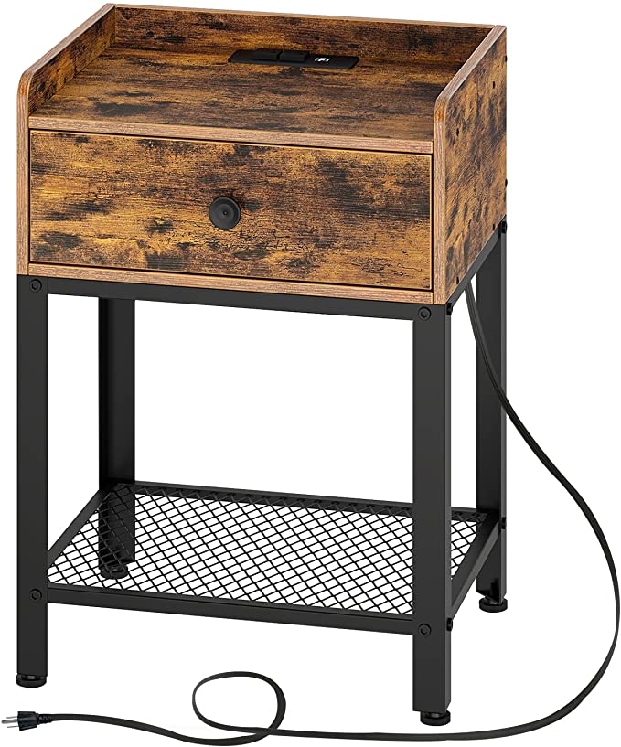 Rolanstar Nightstand with Charging Station and USB Ports, Rustic End Table with Drawer and Metal Shelf for Bedroom, Living Room, Rustic Brown