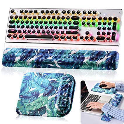 Keyboard Wrist Rest and Mouse Pad Wrist Rest Set with Gel Wrist Support for Relieve Wrist Pain, Typist, Avid Gamer, Compact Perfect Height Cushion Pad with Ergonomic Acupoint Massage Support -Leaves