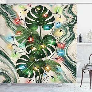 Ambesonne Christmas Shower Curtain, Colorful Xmas Ornaments with Monstera Leaves Art on Marble Print Back, Cloth Fabric Bathroom Decor Set with Hooks, 69" W x 70" L, Green Khaki Multicolor