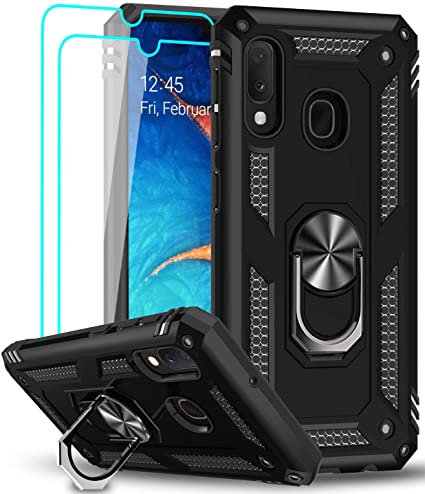 LeYi for Samsung Galaxy A20e Case with Ring Holder, Military Grade Protective Silicone TPU Shockproof Tough Armour Hard Phone Cover and 2 Tempered Glass Screen Protector for Samsung A20e Black