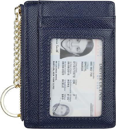 Women's Slim Minimalist Card Holder Coin Changes Purse Keychain Front Pocket Wallet with ID Window, Navy ID