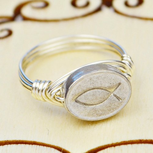 Christian Fish Sterling Silver and Pewter Wire Wrapped Ring- Custom made to size 4 -14