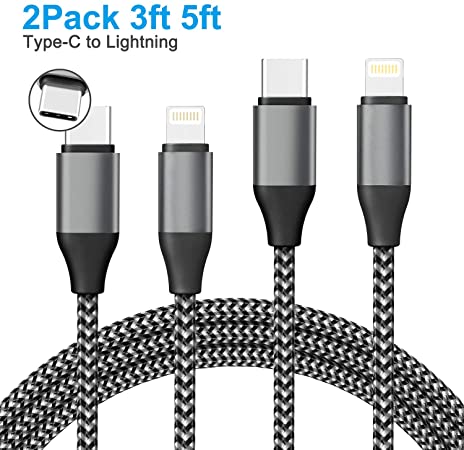 Type C to Lightning Cable,iPhone Charger 2Pack 3ft 5ft Nylon Braided USB C to Lightning Cable for Charging and Syncing Compatible with iPhone X/XS/XR/XS Max/ 8/Plus