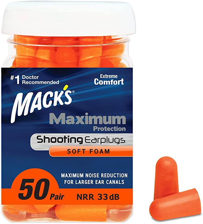 Mack's Maximum Protection Soft Foam Shooting Ear Plugs, 50 Pair – 33 dB Highest NRR – Comfortable Earplugs for Hunting, Tactical, Target, Skeet and Trap Shooting