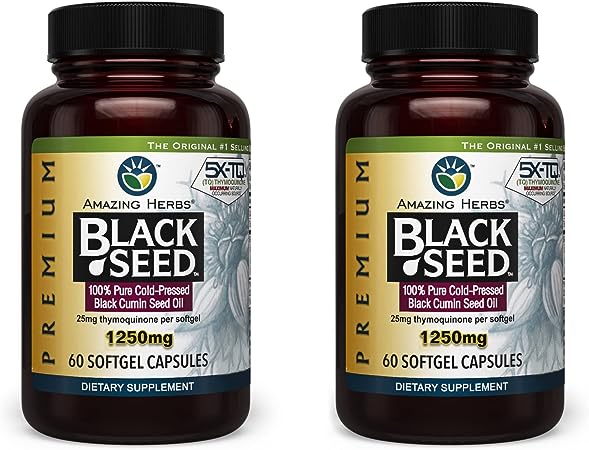 Amazing Herbs Premium Black Seed Oil 1250Mg - 60 Softgels - Cold-Pressed Black Cumin Seed Oil - Immune System (2 Pack)
