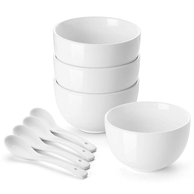 DOWAN Porcelain Bowls, 30 Oz Porcelain Bowl for Cereal, Soup, Ramen, Rice Bowls, Bowl Set of 4, with 4 Spoons, White