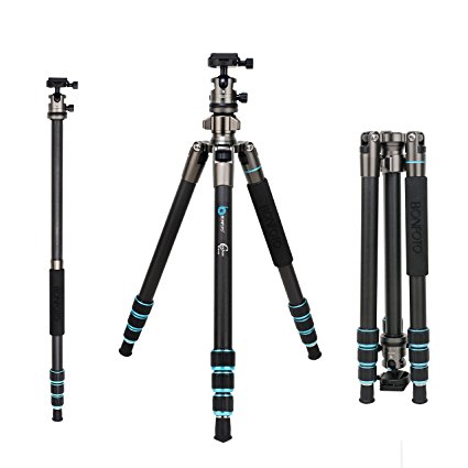BONFOTO Carbon Fiber Travel B674C Tripod Lightweight Portable with Quick Release Plate Ball Head and Carry Case for Canon Sony Nikon DSLR Cameras
