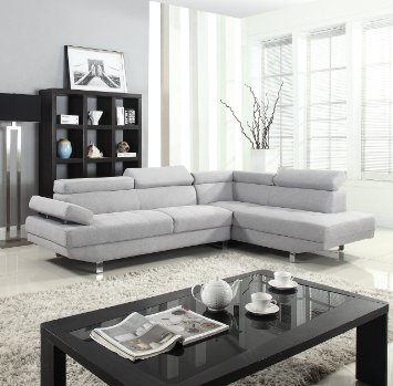 Modern Contemporary Linen Sectional Sofa with Adjustable Headrest (Light Grey)