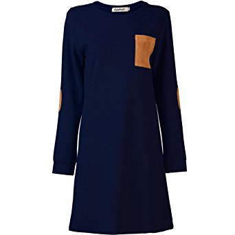 Cylyfmia Women's O Neck Long Sleeve Elbow Patch T-Shirt Dress