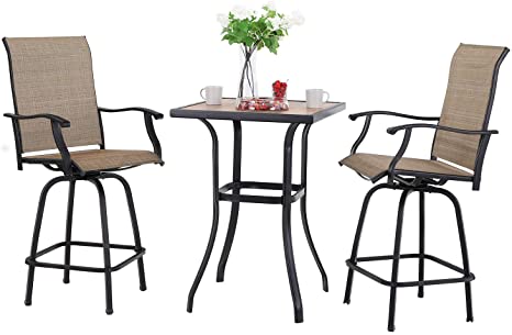 Sophia & William Patio Bar Stool Set of 3, Outdoor 2 Textilene Swivel Bar Chair with 1 Bar Table for Bistro Lawn All Weather Furniture Set, Brown