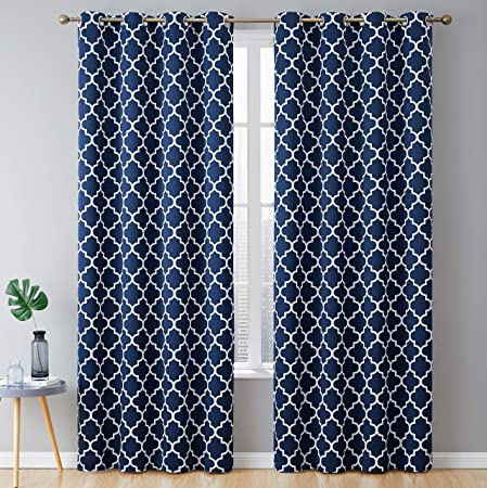 HLC.ME Lattice Print Decorative Blackout Thermal Insulated Privacy Room Darkening Grommet Window Drapes Curtain Panels for Bedroom - Navy Blue - Set of 2-52 x 72 Inch Length