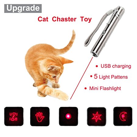 Malier 2017 Newest Multi-pattern Funny Cat Chaser Toy LED Light Interactive Cat Toys Entertain Your Pets Training Tool, USB Rechargeable, Stainless Steel Body, Portable